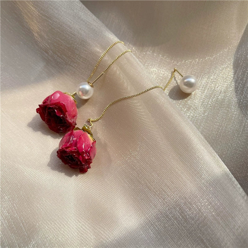 Super fairy immortal flower earrings 14K gold-plated ear wire temperament natural dried flowers rose real flower earrings earrings