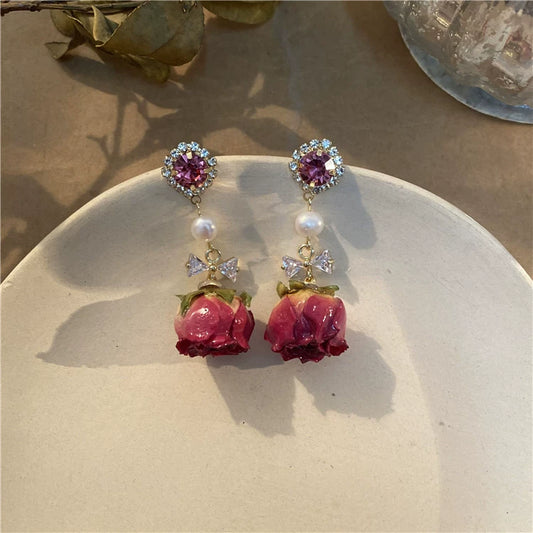 Niche design sense of eternal flower rose real flower dried flower earrings for women retro palace style zircon hand-made ear jewelry